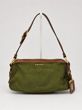 Prada Bruciato Nylon Jacquard Shoulder Bag Khaki Brown Y2K Vintage Leather Trim